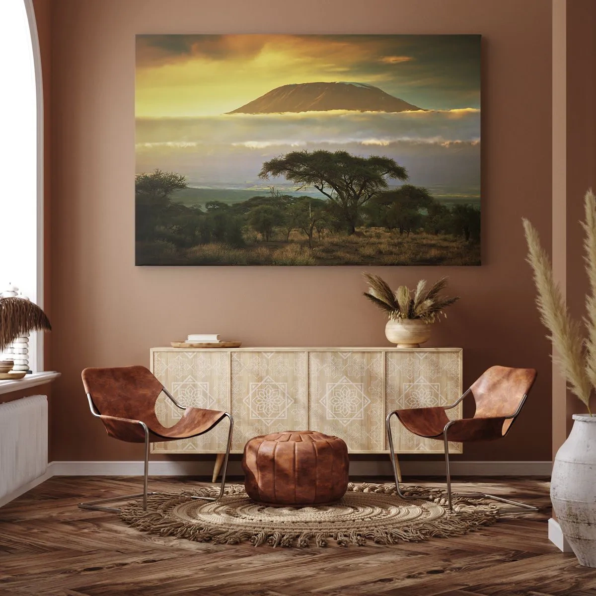 Lærredstryk - Billede på lærred - Afrikansk landskab med Kilimanjaro ved solopgang - 70x50cm - En rejsendes drøm - Moderne vægdekoration til stue og soveværelse ARTTOR