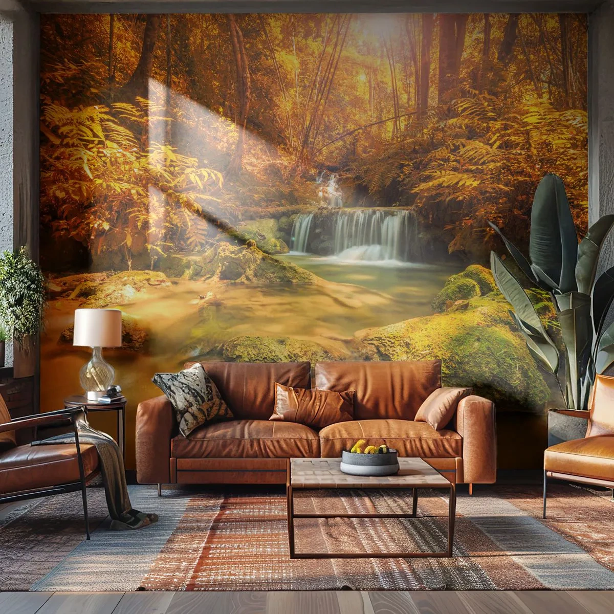 Fototapet Premium Sand - Skovkaskade i guld - Landskab, Vandfald, Thailand - 100x70 cm