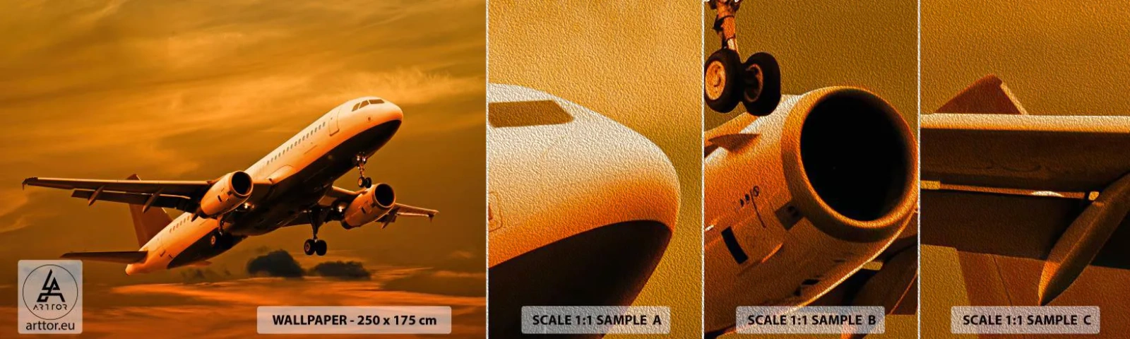 Prøve Fototapet Premium Sand - Flugten ind i solen - Fly, Rejse, Solnedgang - 100x30 cm