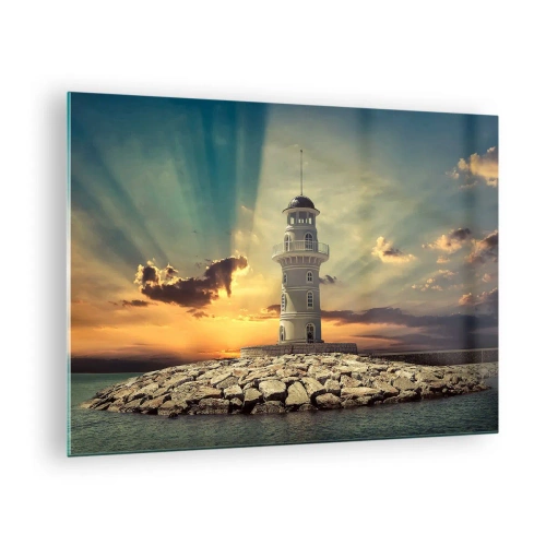 Billede på glas - Et fyrtårn mod baggrunden af den nedgående sol - 70x50cm - Lys - Godhed - Skønhed - Moderne vægdekoration til stue og soveværelse ARTTOR