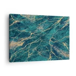 Lærredstryk - Billede på lærred - Tekstureret marmormønster i nuancer af turkis og guld - 70x50cm - Guldåre - Moderne vægdekoration til stue og soveværelse ARTTOR
