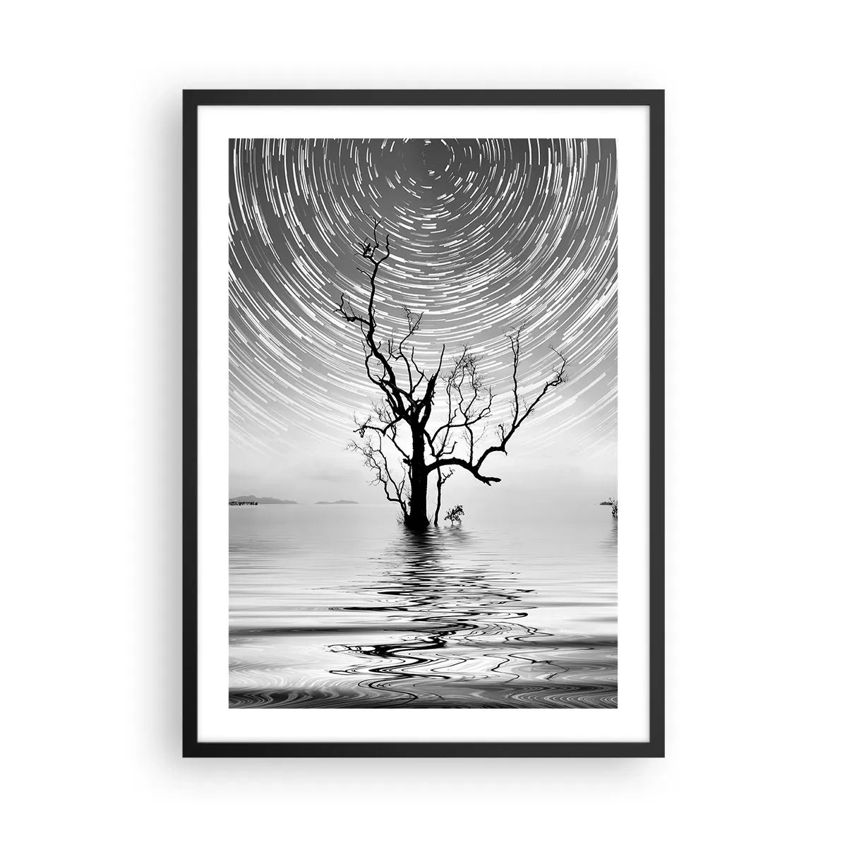 Plakat i sort ramme - Stjerne hvirvler over et ensomt træ i vandet - 50x70cm - En natursymfoni - Moderne vægdekoration til stue og soveværelse ARTTOR