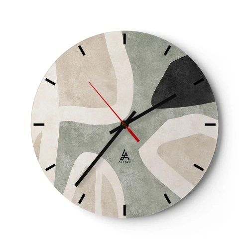 Vægur, Uret - Organiske former i beige, sort og grøn på en lys baggrund - 30x30cm - Komposition med et sort tema - Moderne vægdekoration til stue, køkken og soveværelse ARTTOR