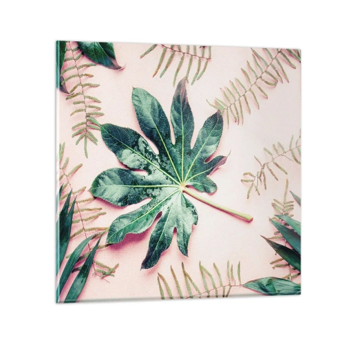Billede på glas - En undersøgelse af grønt på en lyserød baggrund - 50x50 cm