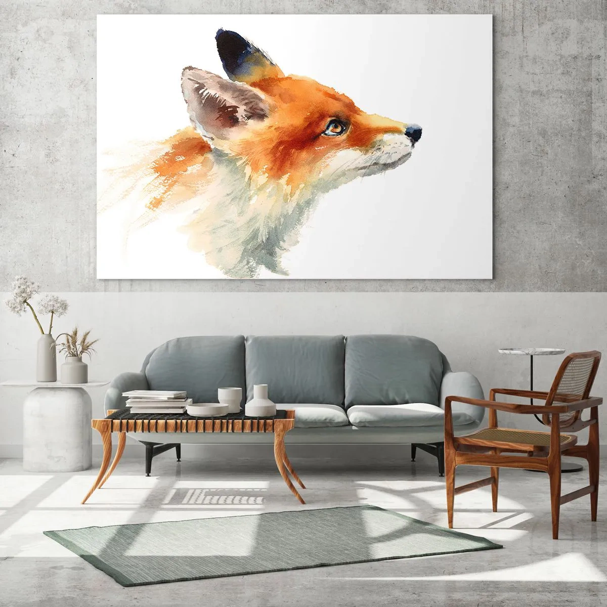 Billede på glas - Akvarel illustration af en ræv, der kigger ud i det fjerne - 70x50cm - Man kan aldrig være for forsigtig - Moderne vægdekoration til stue og soveværelse ARTTOR