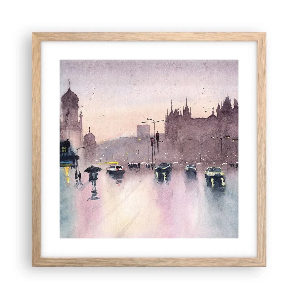 Plakat i ramme af lyst egetræ - I en regnfuld tåge - 40x40 cm