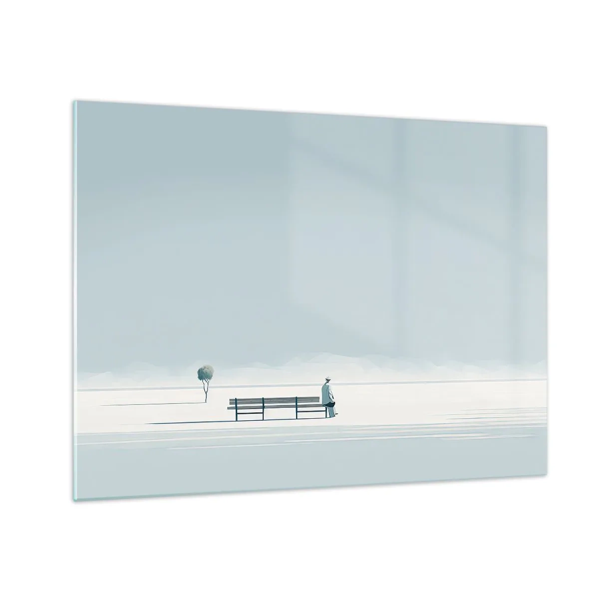 Billede på glas - En figur ved en bænk i et minimalistisk landskab - 70x50cm - Ja, jeg venter. - Moderne vægdekoration til stue og soveværelse ARTTOR