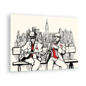 Billede på glas - To jazzmusikere spiller mod byens skyline som baggrund - 70x50cm - New York improvisation - Moderne vægdekoration til stue og soveværelse ARTTOR