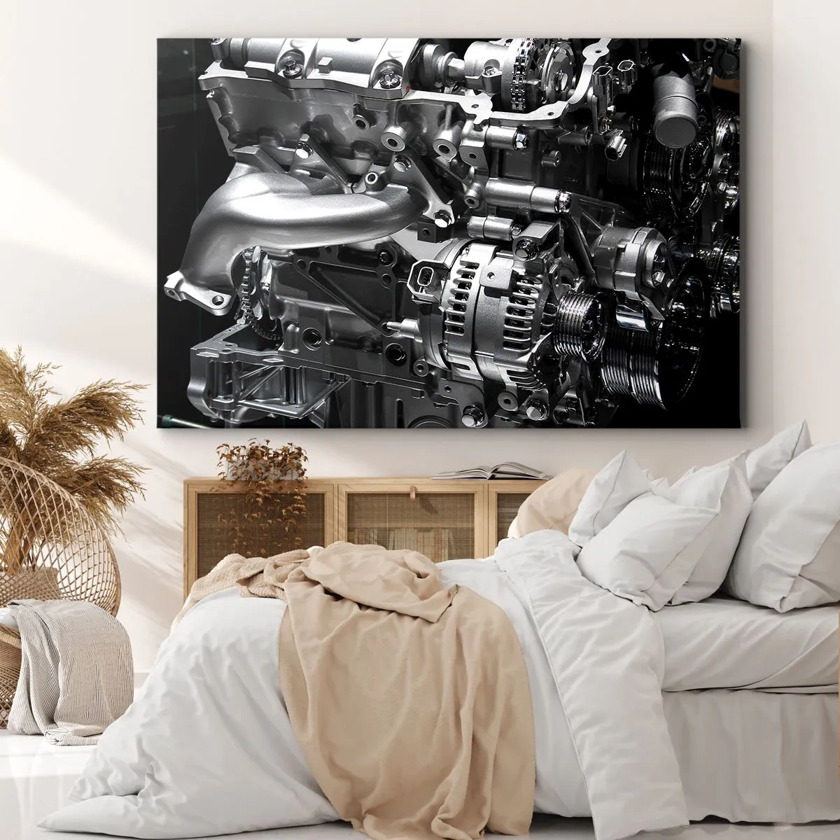Lærredstryk - Billede på lærred - Nærbillede af metalmotordele på sort baggrund - 70x50cm - Stål, smuk, stærk - Moderne vægdekoration til stue og soveværelse ARTTOR