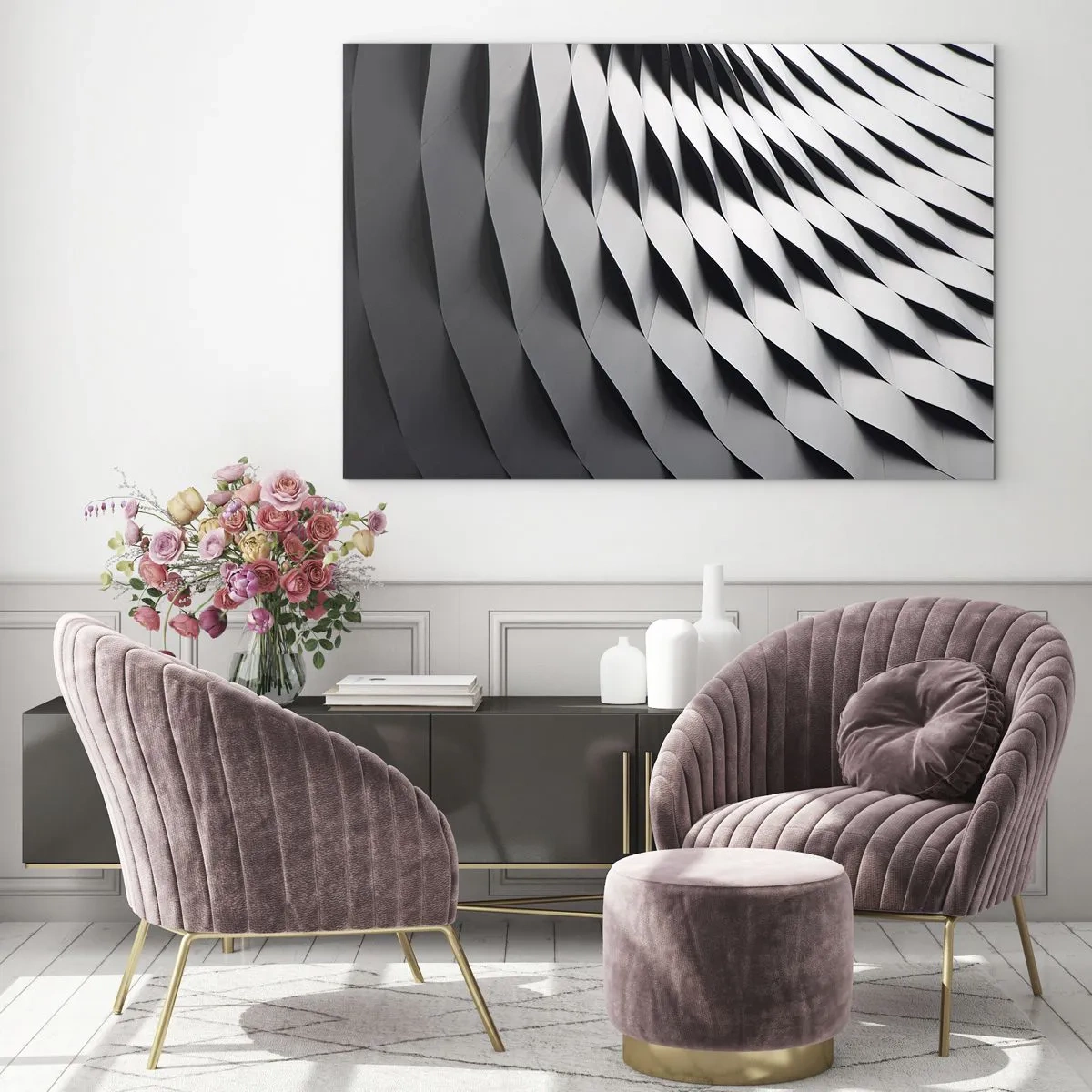 Billede på glas - En abstrakt sort-hvid struktur, der ligner bølgede former. - 70x50cm - På bølgernes overflade - Moderne vægdekoration til stue og soveværelse ARTTOR