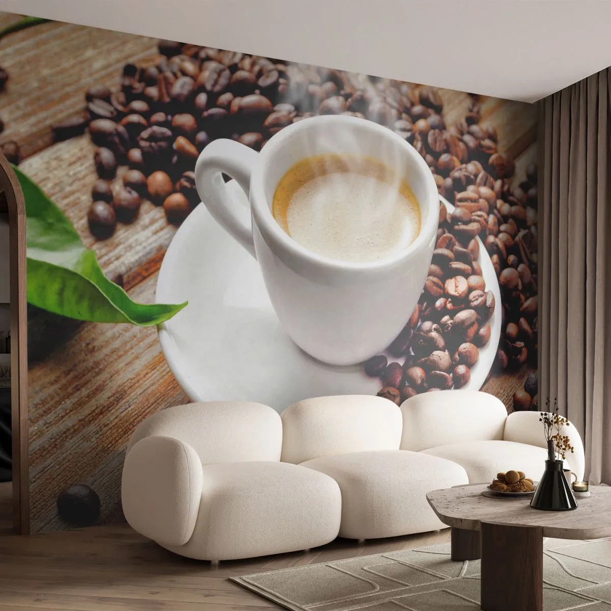 Fototapet Premium Sand - Kaffe på bænken - Gastronomi, Kaffe, Kop - 350x256 cm