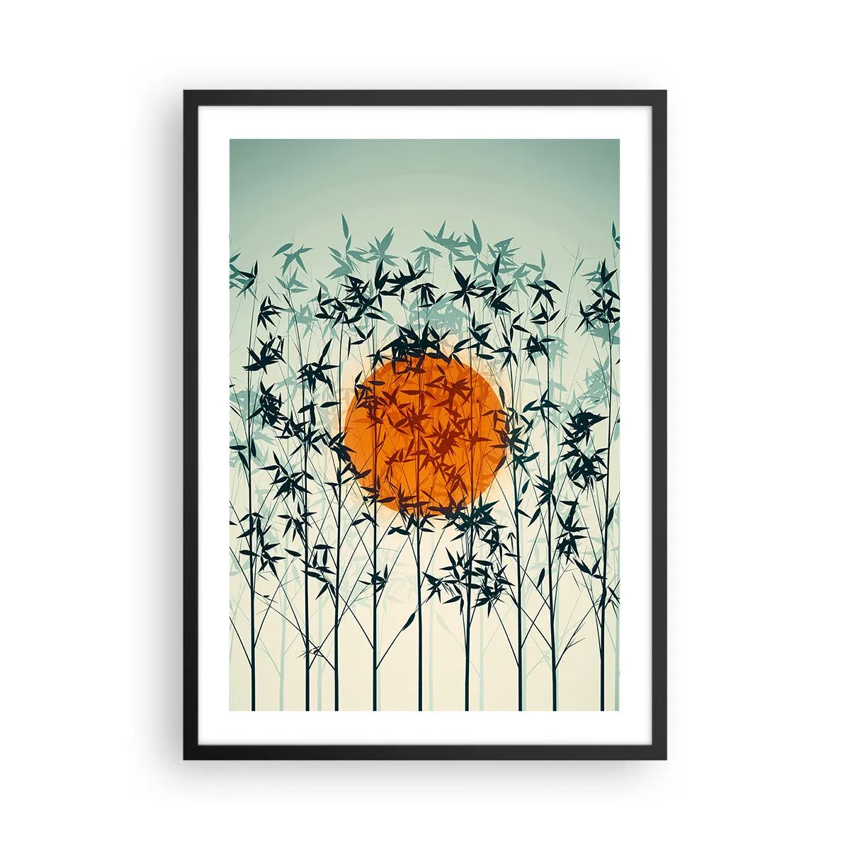 Plakat i sort ramme - Solen bag bambusgrenene - 50x70cm - Japansk sol - Moderne vægdekoration til stue og soveværelse ARTTOR