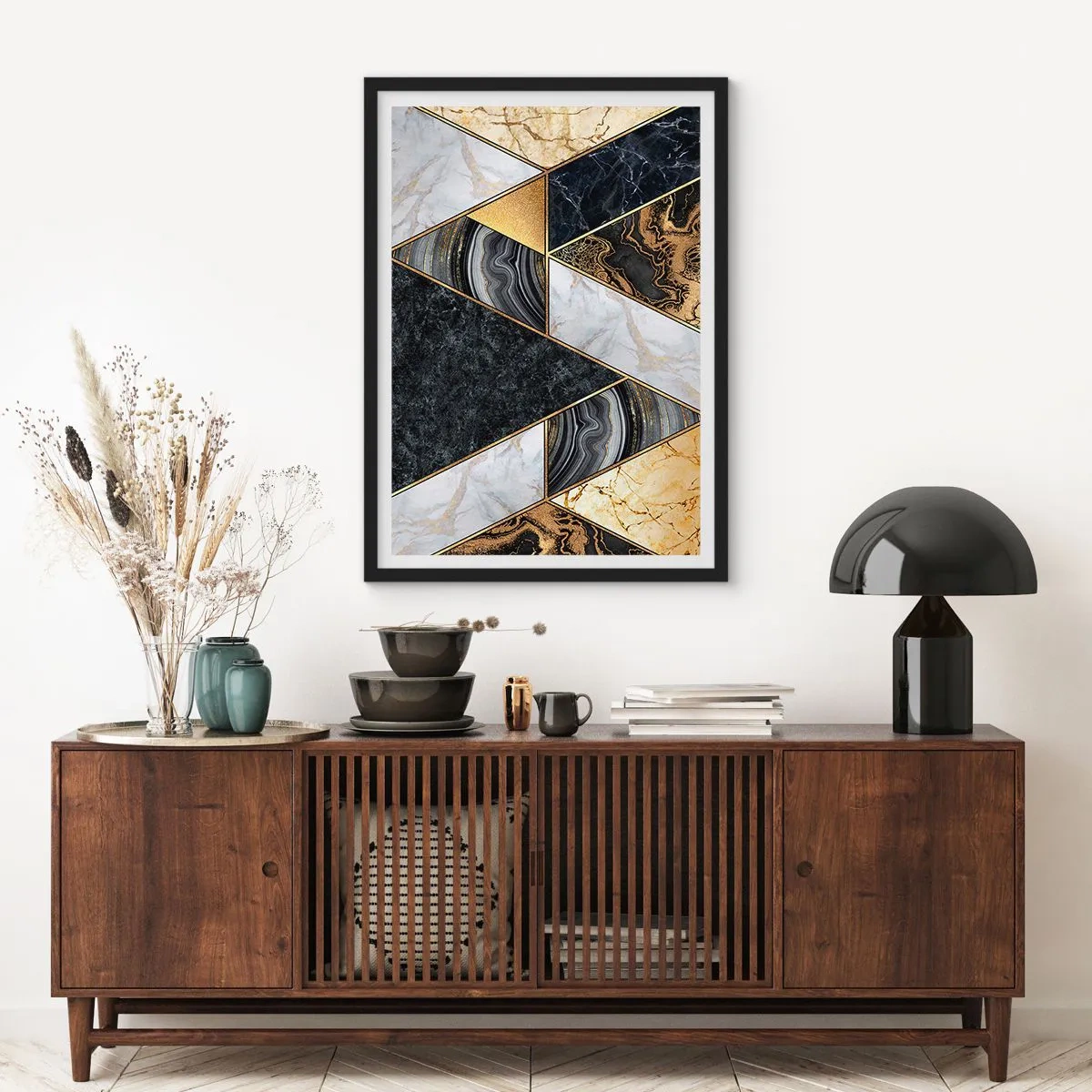 Plakat i sort ramme - Marmorgeometri i nuancer af guld, sort og hvid - 50x70cm - Sten for sten - Moderne vægdekoration til stue og soveværelse ARTTOR