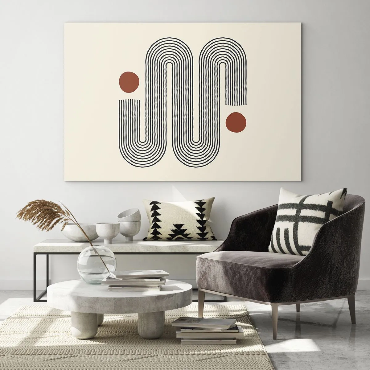 Billede på glas - Minimalistisk linjemønster med røde prikker - 70x50cm - Fra start til slut - Moderne vægdekoration til stue og soveværelse ARTTOR