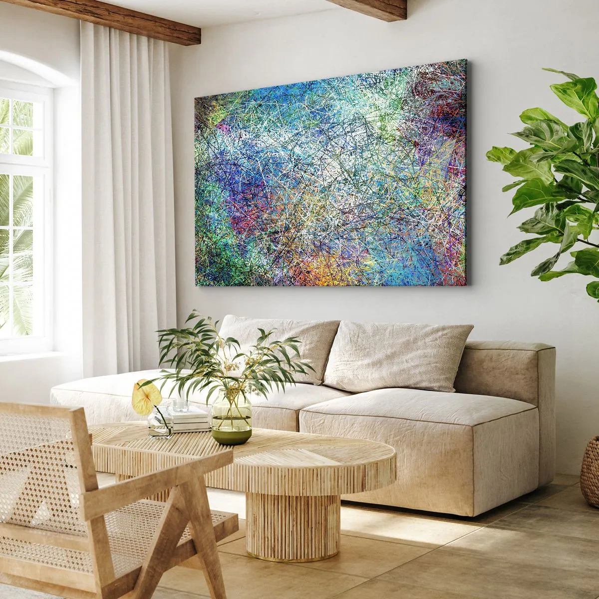 Lærredstryk - Billede på lærred - Abstrakt komposition med flerfarvede linjer og teksturer - 70x50cm - Så enkelt er det ikke - Moderne vægdekoration til stue og soveværelse ARTTOR