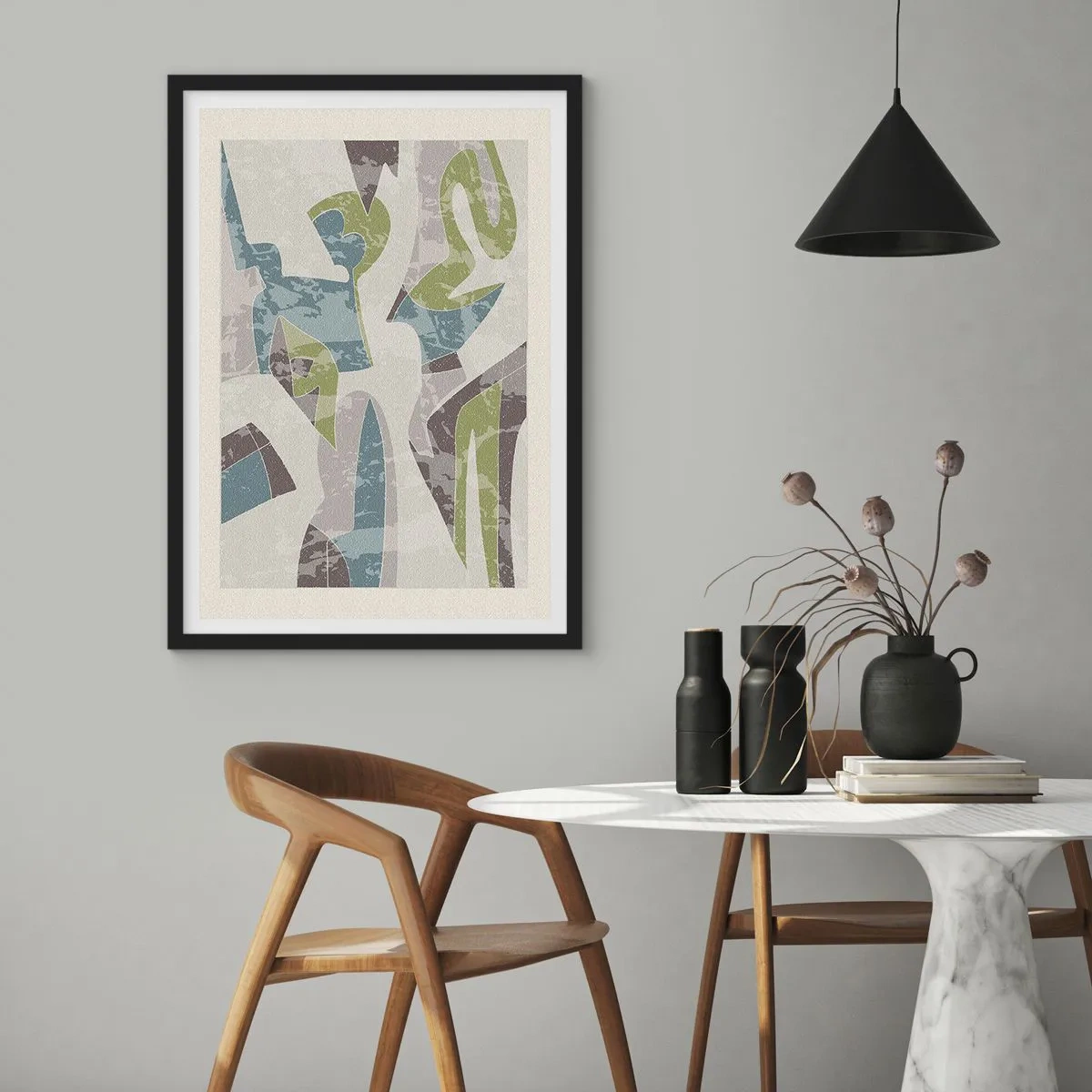 Plakat i sort ramme - Abstrakte figurer i grønne og blå nuancer - 50x70cm - Komposition bag glas - Moderne vægdekoration til stue og soveværelse ARTTOR