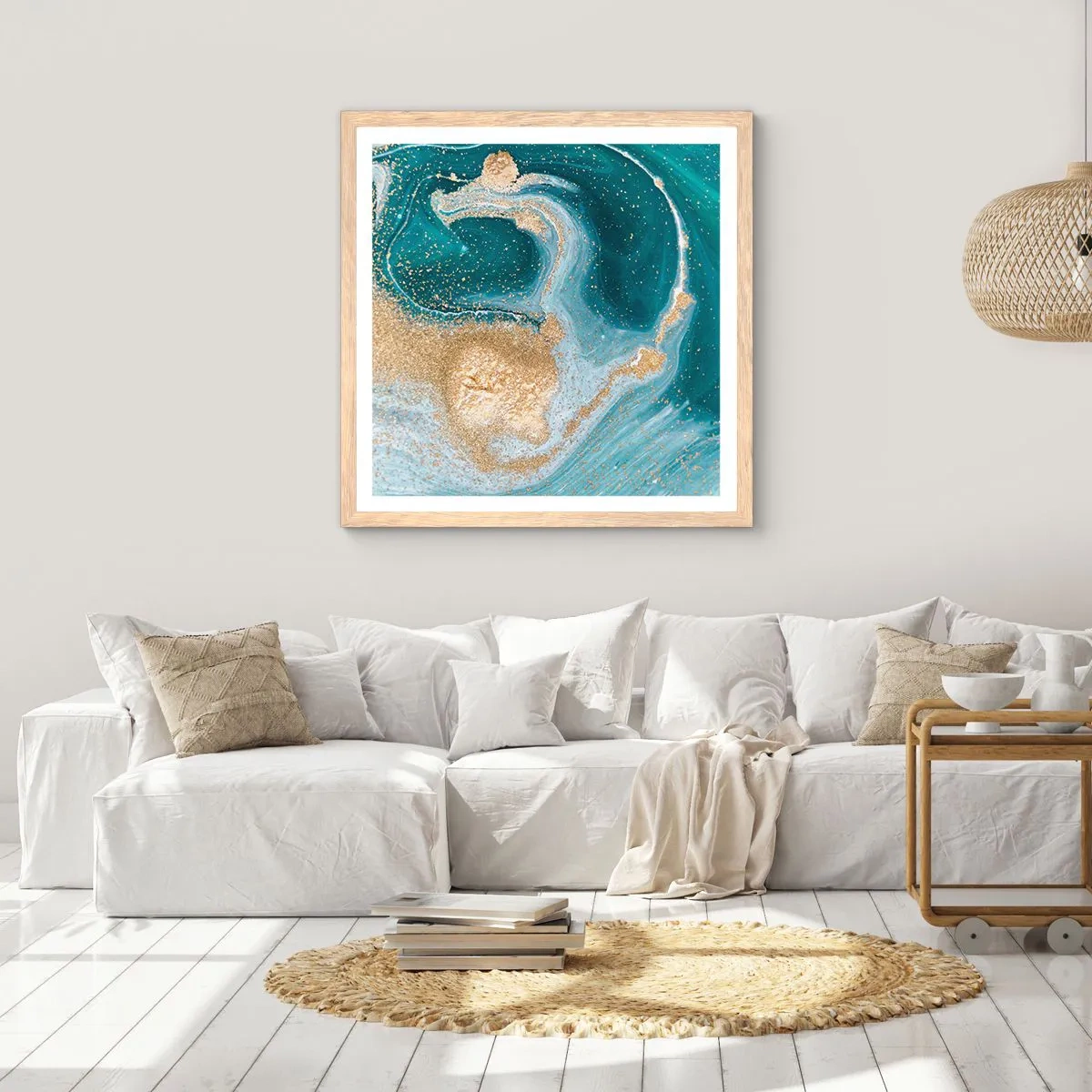 Plakat i ramme af lyst egetræ - En hvirvel af guld og turkis - 50x50 cm