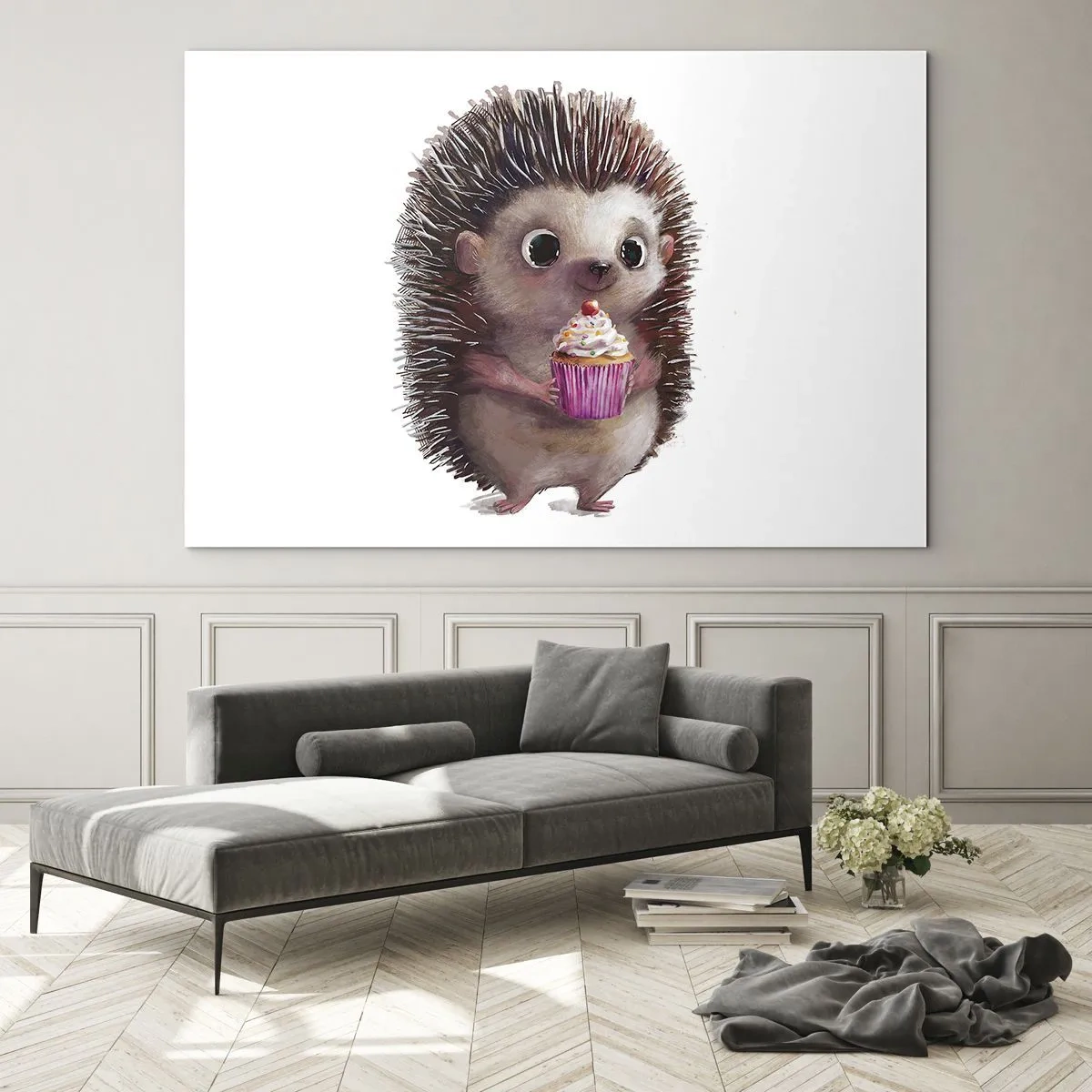 Billede på glas - Et sødt pindsvin med en cupcake på en hvid baggrund - 70x50cm - Fejring er hver dag - Moderne vægdekoration til stue og soveværelse ARTTOR