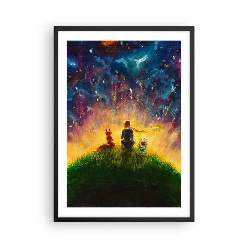 Plakat i sort ramme - Figurer siddende på en bakke under en stjerneklar himmel - 50x70cm - Kærlighed og venskab - hele verden - Moderne vægdekoration til stue og soveværelse ARTTOR
