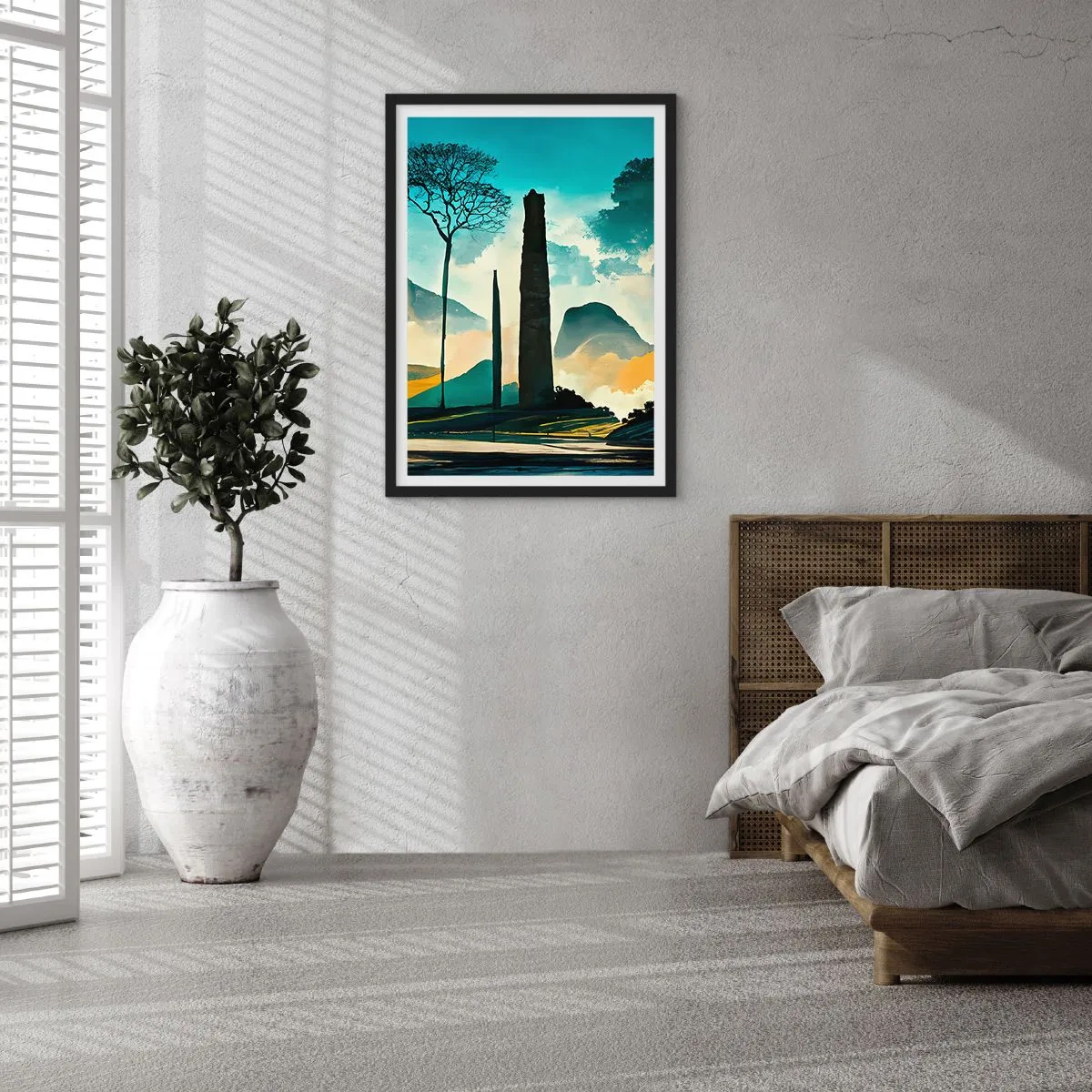 Plakat i sort ramme - Et mystisk landskab med monumentale obelisker - 50x70cm - Stadig højere og højere - Moderne vægdekoration til stue og soveværelse ARTTOR