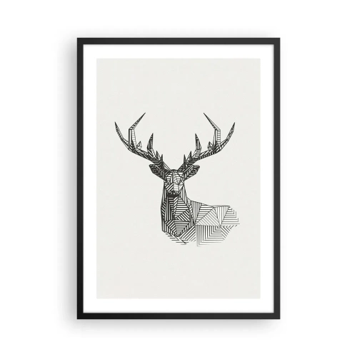 Plakat i sort ramme - Geometrisk silhuet af en hjort i sort-hvid stil - 50x70cm - Hjorte i kubistisk stil - Moderne vægdekoration til stue og soveværelse ARTTOR