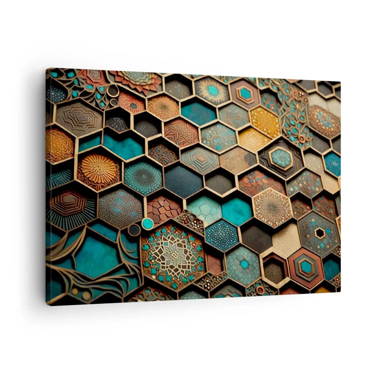 Lærredstryk - Billede på lærred - Farverige ornamenter i sekskantede mønstre - 70x50cm - Arabiske ornamenter - en variation - Moderne vægdekoration til stue og soveværelse ARTTOR