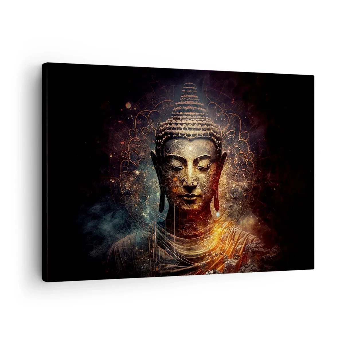 Lærredstryk - Billede på lærred - Gylden Buddha på en mørk baggrund med ornamenter - 70x50cm - Åndelig balance - Moderne vægdekoration til stue og soveværelse ARTTOR
