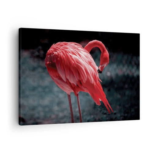 Lærredstryk - Billede på lærred - En lyserød flamingo på en mørkegrøn baggrund - 70x50cm - Et karmosinrødt naturdigt - Moderne vægdekoration til stue og soveværelse ARTTOR