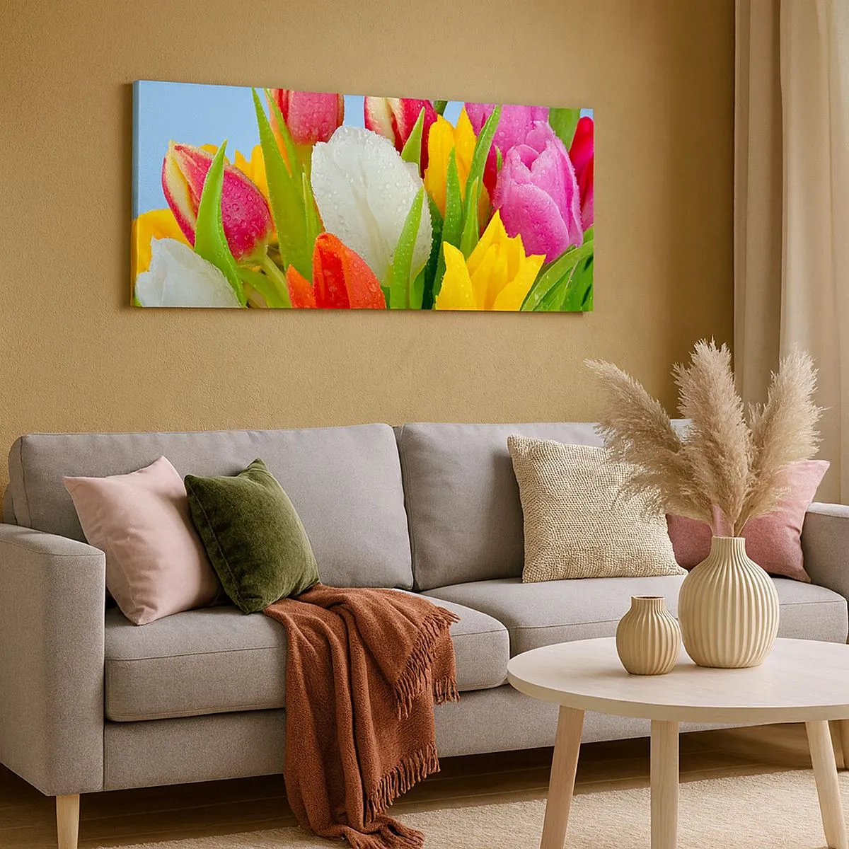 Lærredstryk - Billede på lærred - En blomstret regnbue i dugdråber - 100x40 cm