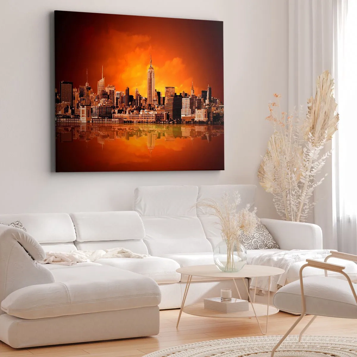 Lærredstryk - Billede på lærred - Panorama over byen ved solnedgang med bygninger spejlet i vandet - 70x50cm - Storbypanorama i gult og brunt - Moderne vægdekoration til stue og soveværelse ARTTOR