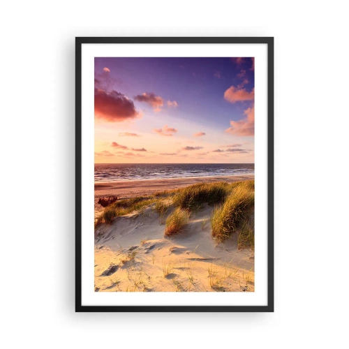 Plakat i sort ramme - Strand med klitter og den nedgående sol - 50x70cm - Luften dufter allerede af sommer - Moderne vægdekoration til stue og soveværelse ARTTOR