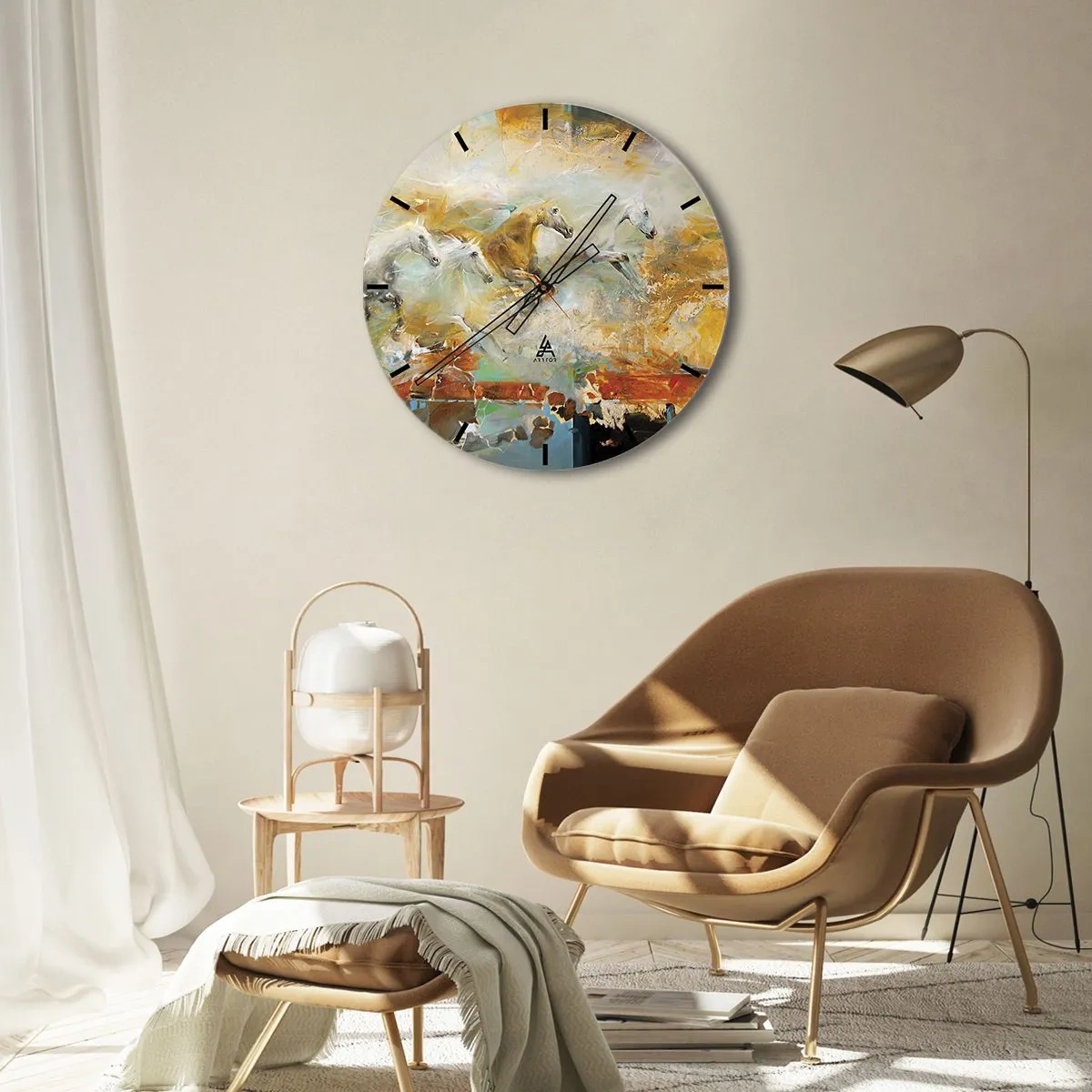 Vægur, Uret - Abstrakte heste i dynamisk bevægelse - 30x30cm - Galopperer gennem lyset - Moderne vægdekoration til stue, køkken og soveværelse ARTTOR