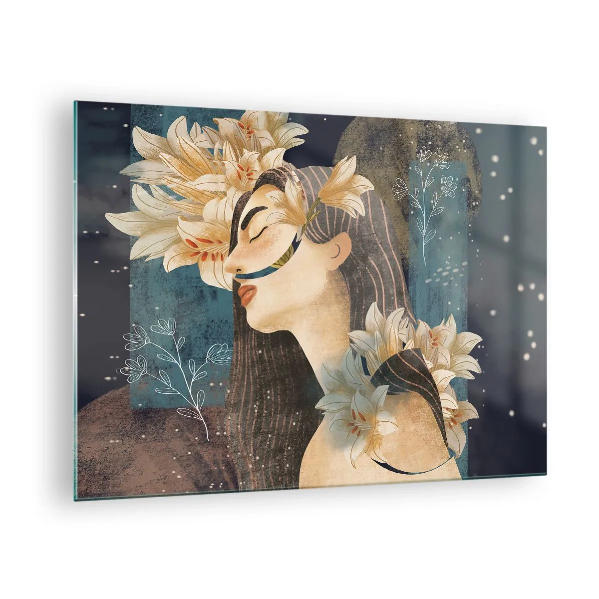 Billede på glas - En kvindefigur med liljer i eventyrstil - 70x50cm - Eventyret om prinsessen med liljerne - Moderne vægdekoration til stue og soveværelse ARTTOR