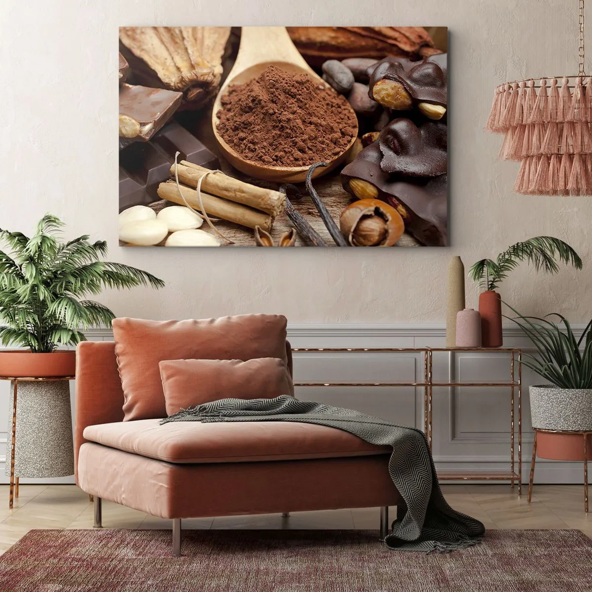 Lærredstryk - Billede på lærred - En skefuld kakao- og chokoladeingredienser i et rustikt arrangement - 70x50cm - Bedst mod tristhed - Moderne vægdekoration til stue og soveværelse ARTTOR