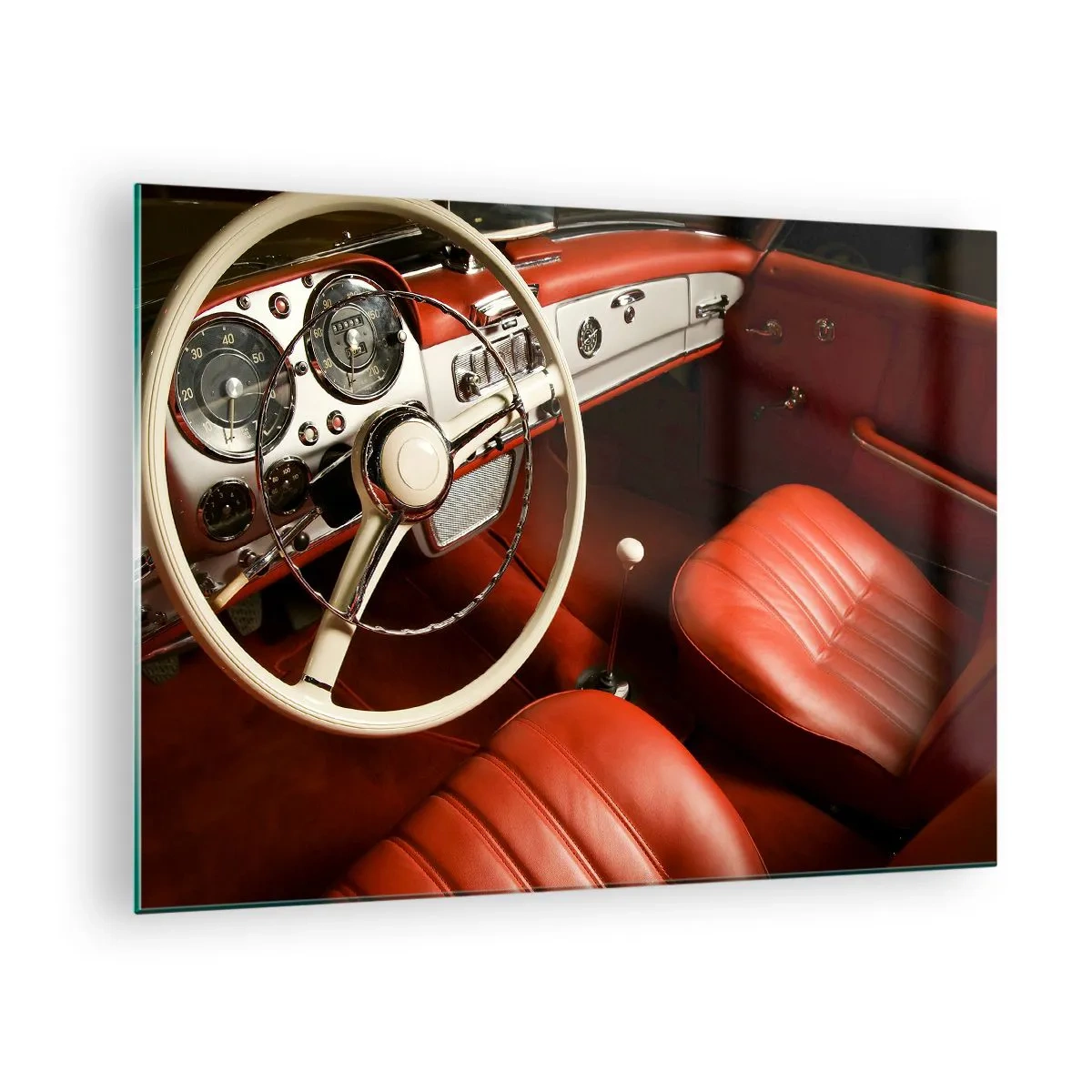Billede på glas - Klassisk bilinteriør med røde sæder - 70x50cm - Luksus i vintage stil - Moderne vægdekoration til stue og soveværelse ARTTOR