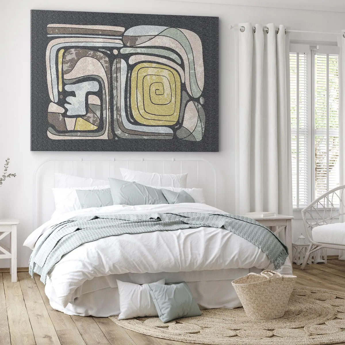 Lærredstryk - Billede på lærred - Prækolumbianske mønstre i pastelfarver på en mørk baggrund - 70x50cm - Abstraktion i en præcolumbiansk ånd - Moderne vægdekoration til stue og soveværelse ARTTOR