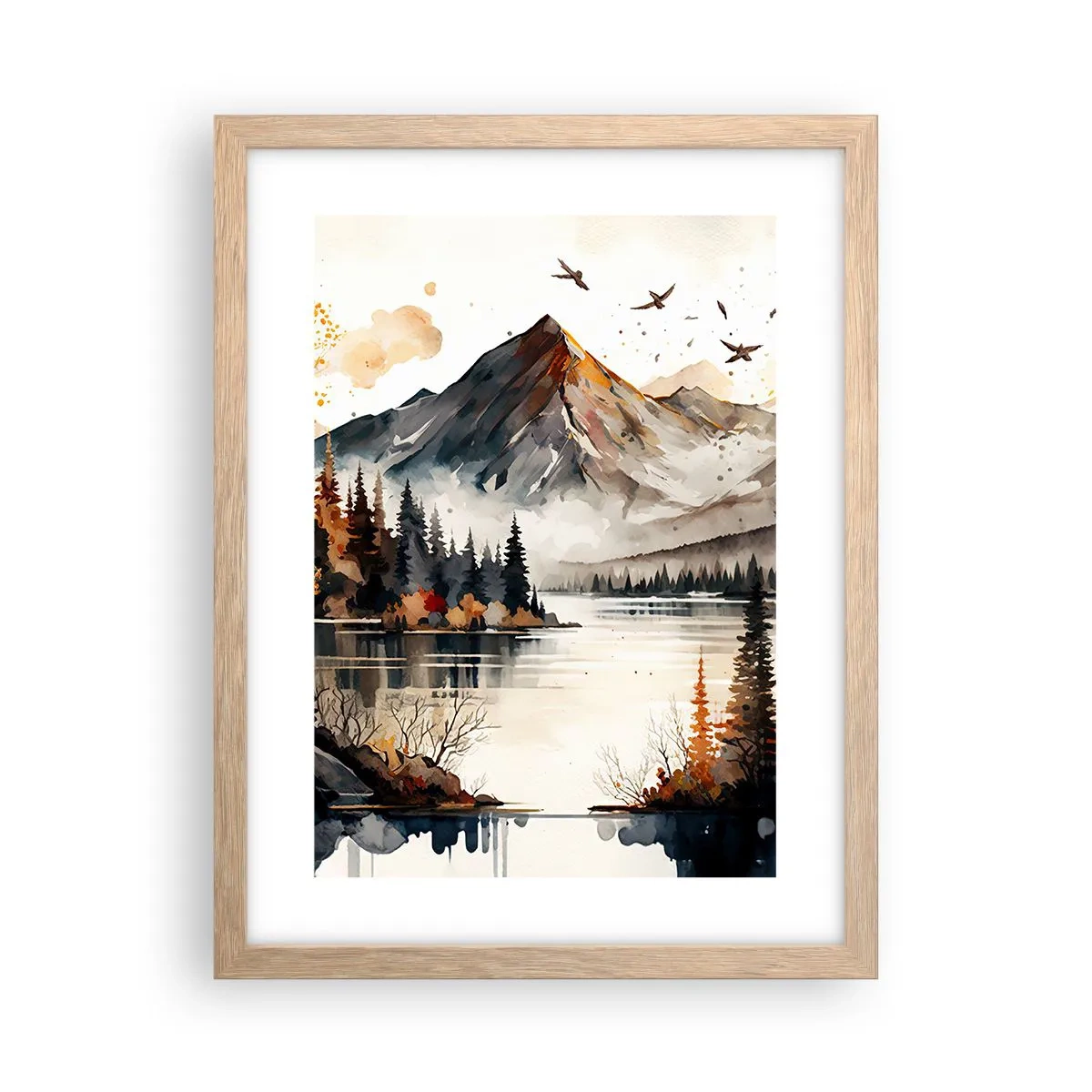 Plakat i ramme af lyst egetræ - Gyldent efterår i bjergene - 30x40 cm