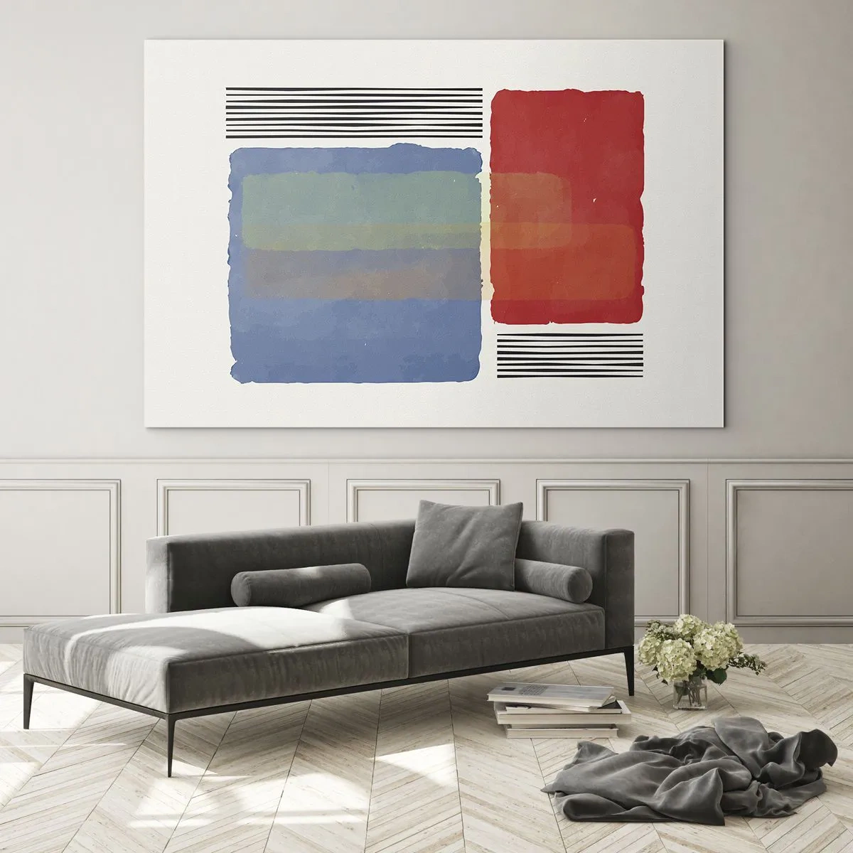 Billede på glas - Geometrisk komposition med røde og blå rektangler - 70x50cm - Geometriens ånd og bogstav - Moderne vægdekoration til stue og soveværelse ARTTOR