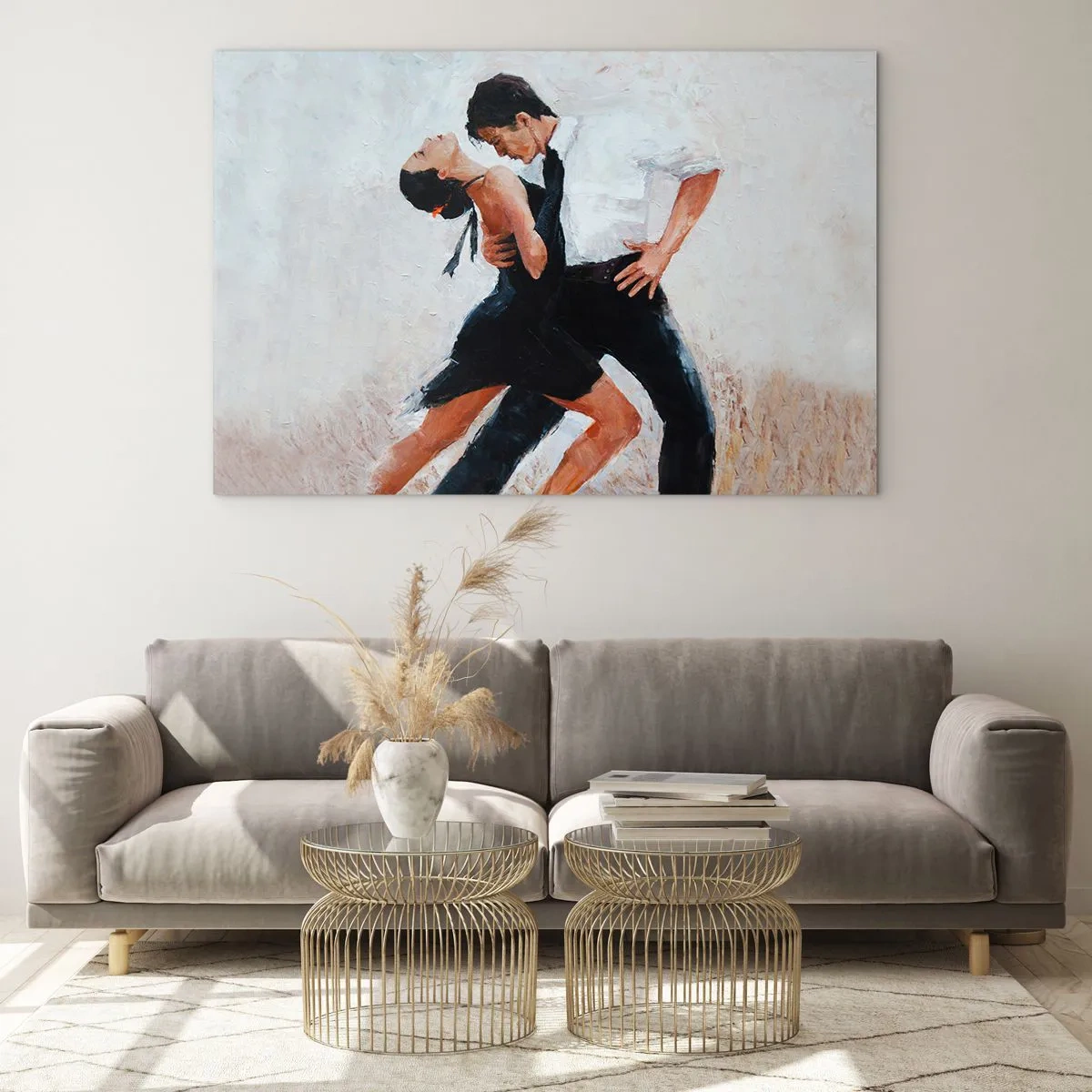 Billede på glas - Et par, der danser tango i en dynamisk positur - 70x50cm - Mine drømmes tango - Moderne vægdekoration til stue og soveværelse ARTTOR