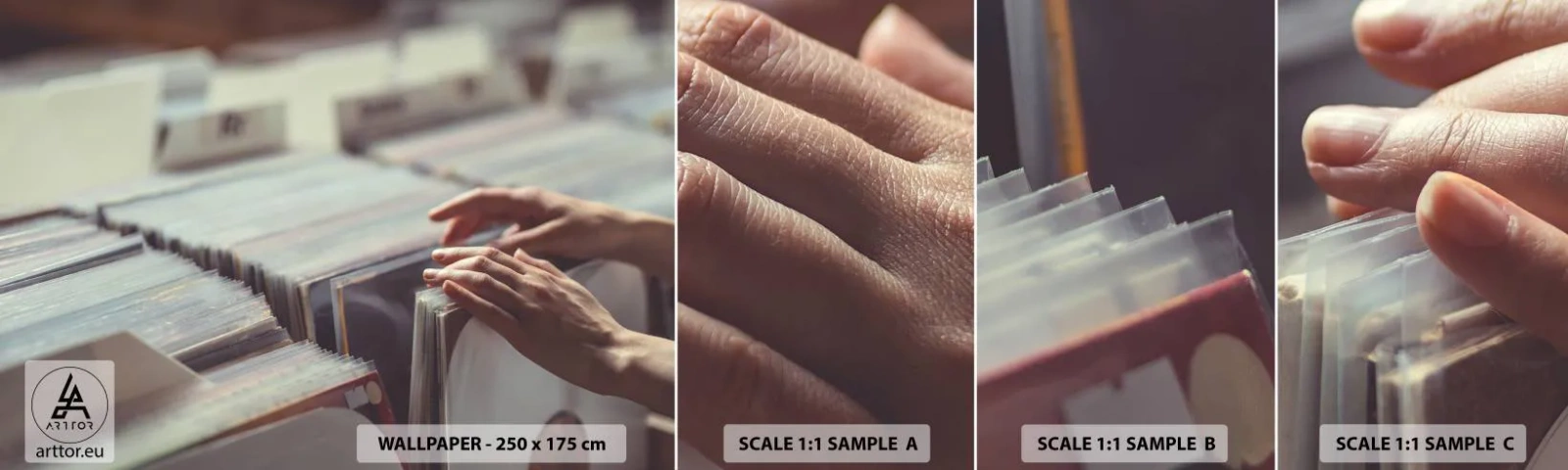 Prøve Fototapet Selvklæbende Deluxe Sticker - På jagt efter følelser - Vinyl, musik, Musik butik - 100x30 cm