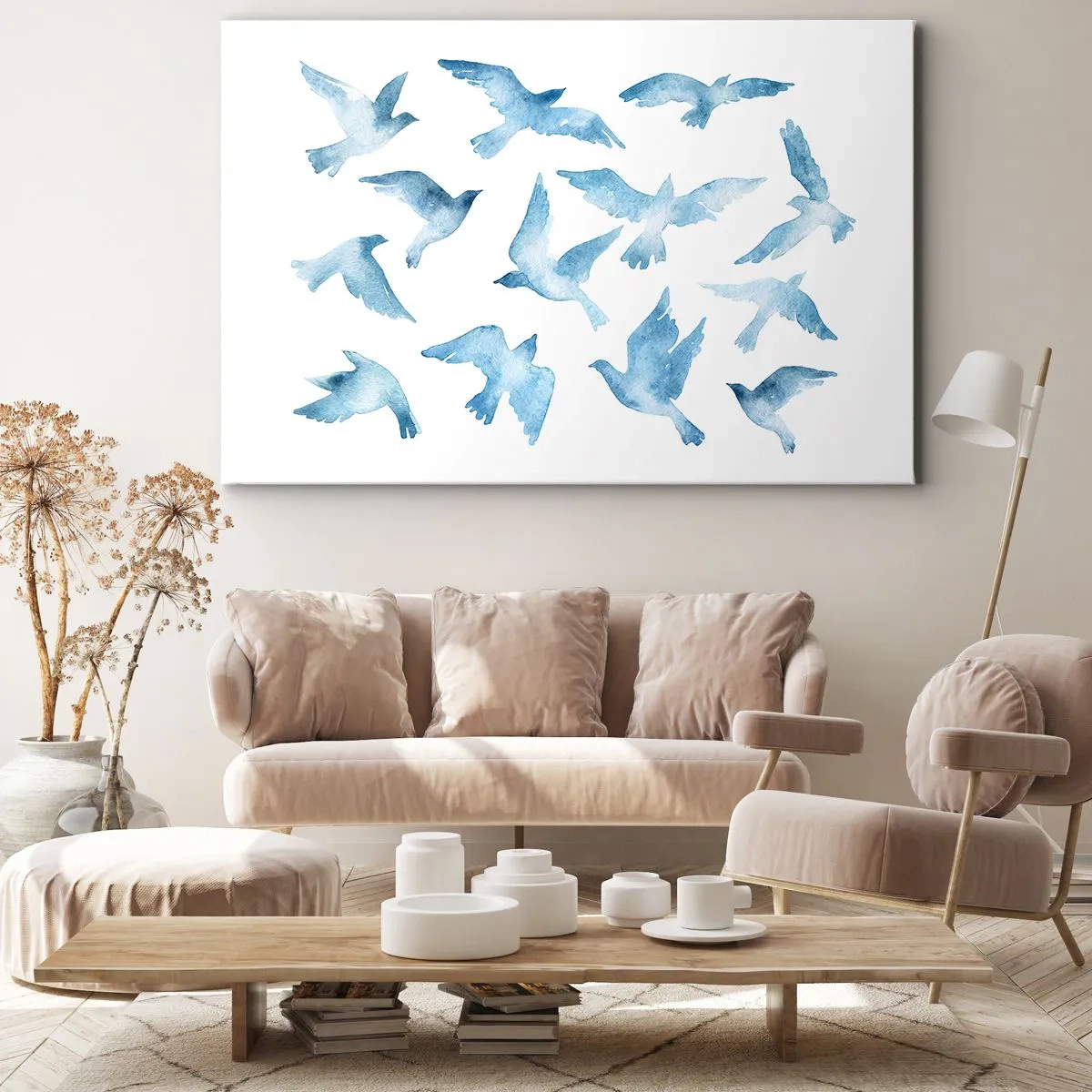 Lærredstryk - Billede på lærred - En diskret akvarel, der skildrer flyvende fugle - 70x50cm - Blåfugle - Moderne vægdekoration til stue og soveværelse ARTTOR