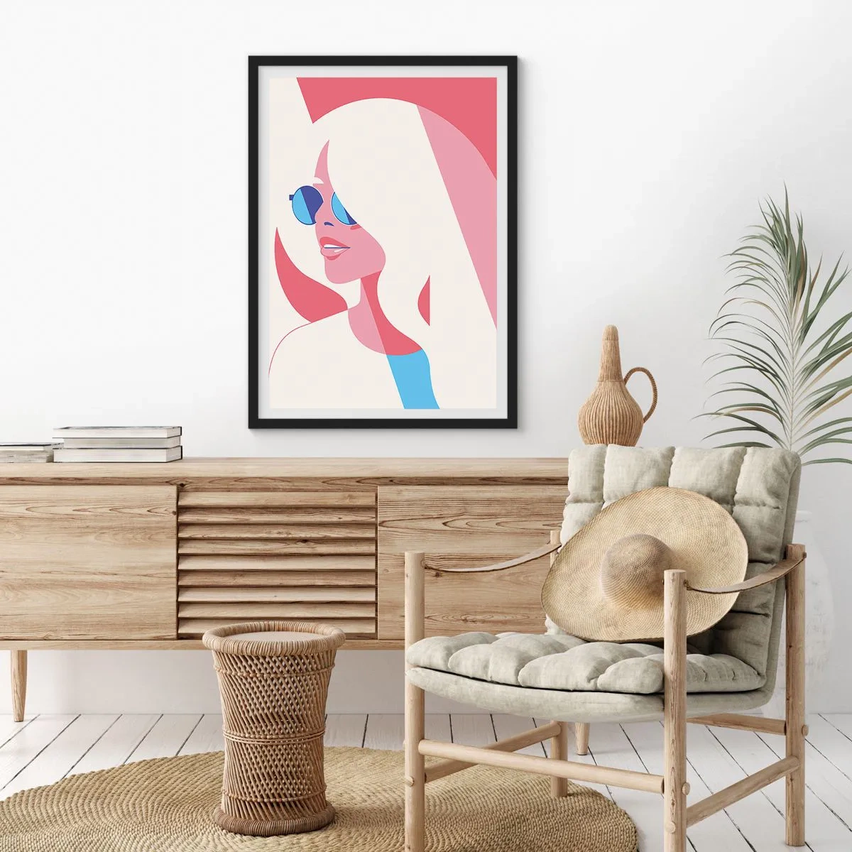 Plakat i sort ramme - Stiliseret portræt af en kvinde med solbriller - 50x70cm - Det var en blondine... - Moderne vægdekoration til stue og soveværelse ARTTOR