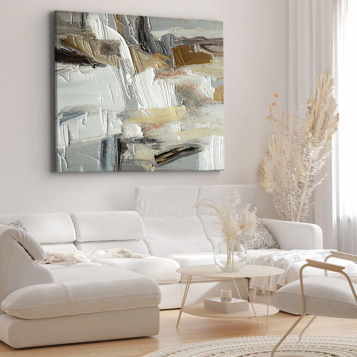 Lærredstryk - Billede på lærred - Tekstural abstraktion i jordfarver og hvid - 70x50cm - Farverige lagdelinger - Moderne vægdekoration til stue og soveværelse ARTTOR