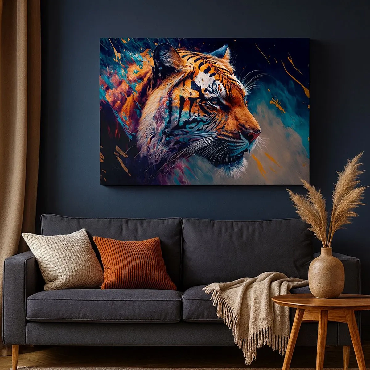 Lærredstryk - Billede på lærred - Portræt af en tiger i dynamiske, abstrakte farver - 70x50cm - Vild skønhed - Moderne vægdekoration til stue og soveværelse ARTTOR