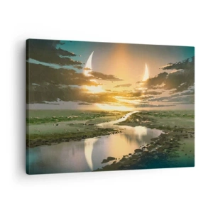 Lærredstryk - Billede på lærred - Et fantastisk landskab med to måner i horisonten - 70x50cm - Et eller andet sted i en galakse langt, langt væk - Moderne vægdekoration til stue og soveværelse ARTTOR