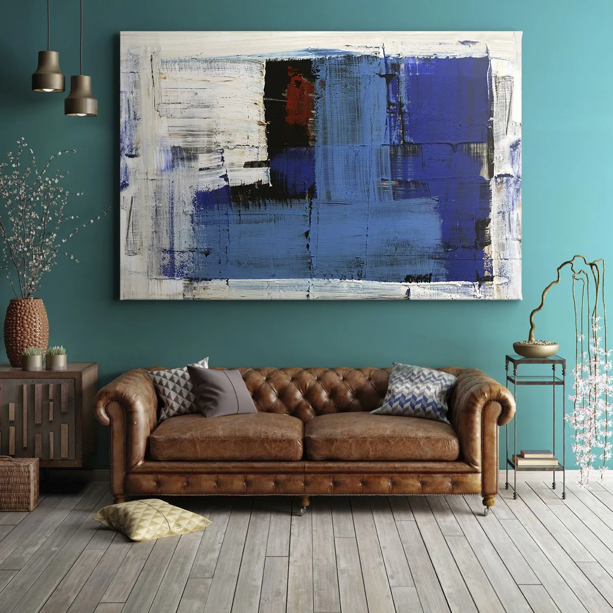 Lærredstryk - Billede på lærred - Abstrakt komposition i nuancer af blå og hvid - 70x50cm - Det blås hemmelighed - Moderne vægdekoration til stue og soveværelse ARTTOR