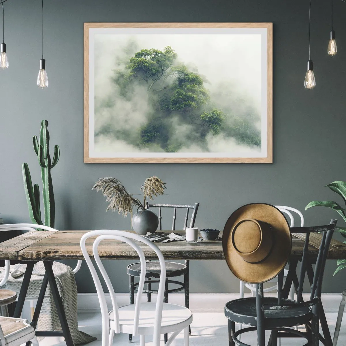 Plakat i ramme af lyst egetræ - Pakket ind i tåge - 50x40 cm