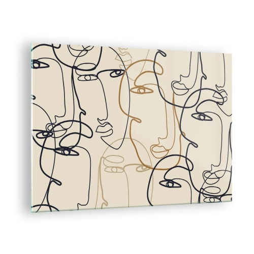Billede på glas - Konturerede ansigter tegnet i ét strøg på beige - 70x50cm - Portræt ganget med hinanden - Moderne vægdekoration til stue og soveværelse ARTTOR