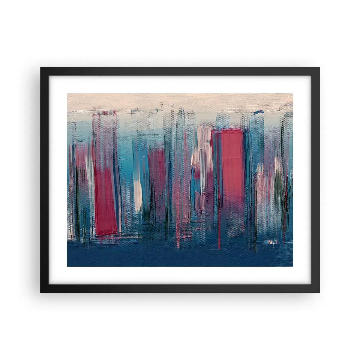 Plakat i sort ramme - Lodret komposition i blåt og rødt - 50x40 cm