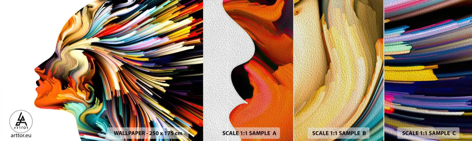 Prøve Fototapet Premium Sand - En eksplosion af fantasi - Abstraktion, Kvinde, Grafik - 100x30 cm